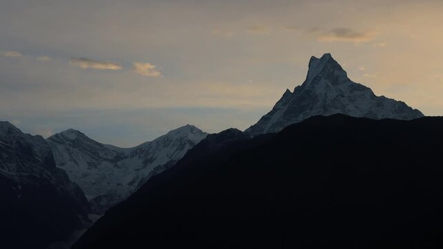 Dramatic Sunrise Sky Behind Fishtail Mountain Machhapuchhre in Nepal Himalayas