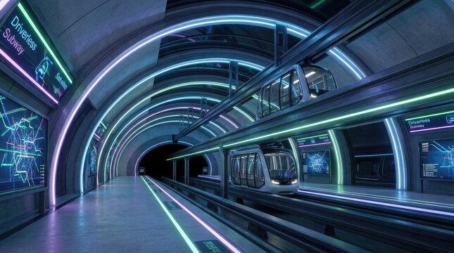 A futuristic subway station with neon lights and a train in motion.