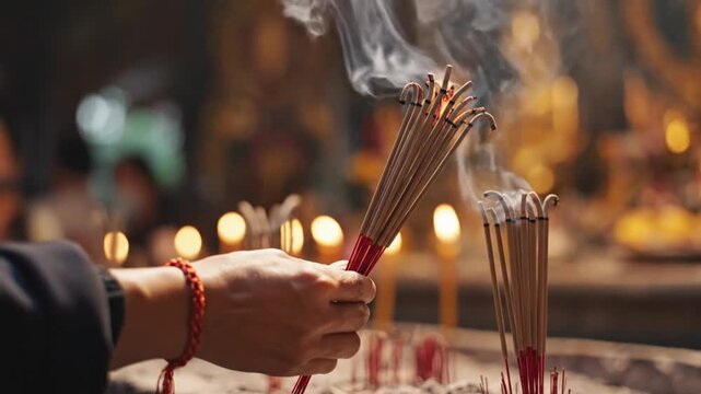 Burning incense sticks held by hand with smoke rising in the air