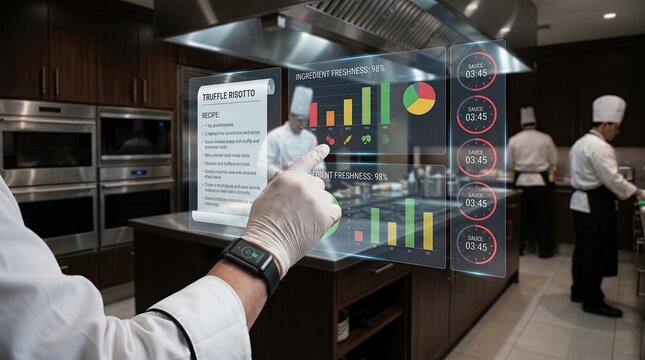 Chef&rsquo;s hand controlling floating smart kitchen recipes, ingredient analytics and cooking timers, luxury restaurant background, Generated by AI
