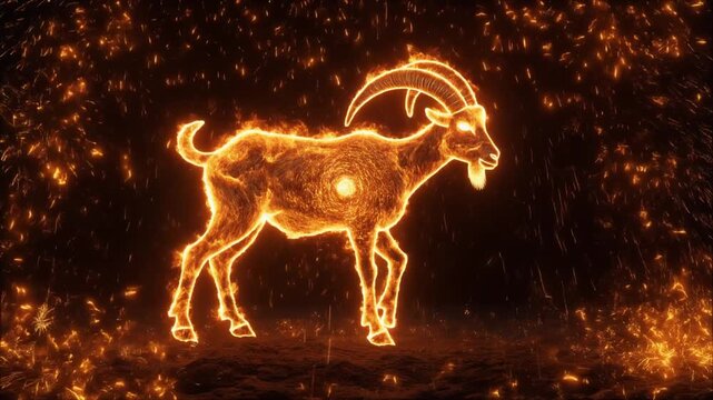 An awe-inspiring digital rendering of a powerful goat consumed by vibrant orange flames, emanating a formidable presence and mystical aura against a shadowy, ember-filled environment
