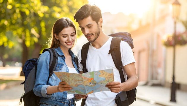 Pareja joven de turistas consultando un mapa en una calle soleada durante un viaje urbano