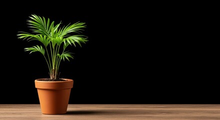 Fototapeta premium A vibrant green miniature tropical palm tree growing robustly in a simple brown clay pot, symbolizing growth and indoor gardening, bright, potted, nature