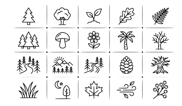 A clean minimal vector illustration set of tree and nature thin line icons displayed in a balanced grid on a solid white background. The collection includes various tree types such as pine tree, oak t