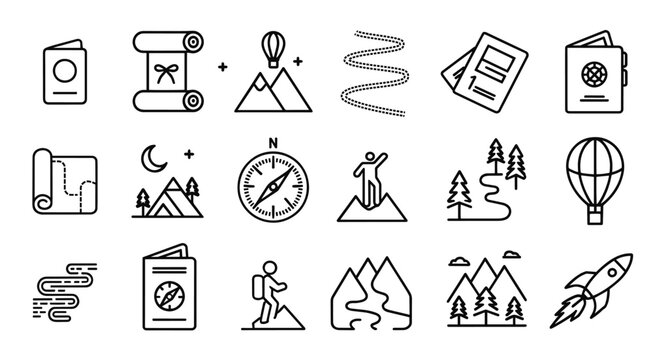 Mountain trekking and travel outline icon set with passport, compass, hot air balloon, hiker, pine trees, map scroll, moon camp and winding road symbols