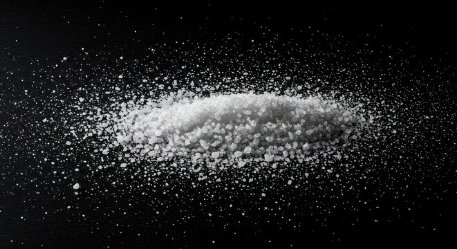 Dramatic close-up of coarse white crystalline sea salt flakes scattered unevenly across a rich, dark, pure black background, rough, sodium chloride, seasoning