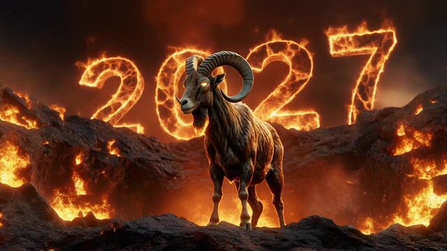 Spectacular 2027 New Year's Eve celebration with a majestic ram amidst a fiery landscape, symbolizing strength and prosperity for the coming year