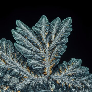Extreme macro shot showing delicate dendritic structure of frozen water molecules forming sharp crystals, pattern, winter, frozen