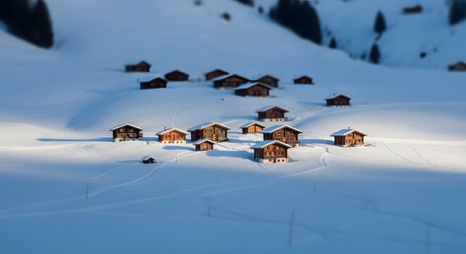 Cozy Alpine Village Houses Covered in Snow During Sunrise
