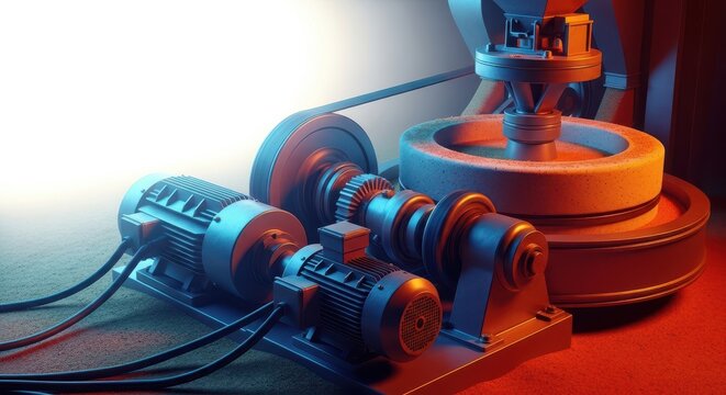 Powerful electric motors driving massive grinding stones and rollers in a high-capacity industrial milling operation for grain production, supply, grinding, steel