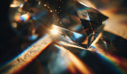Fototapeta premium Light shines through a crystal creating colors on a surface in a dark room during evening hours