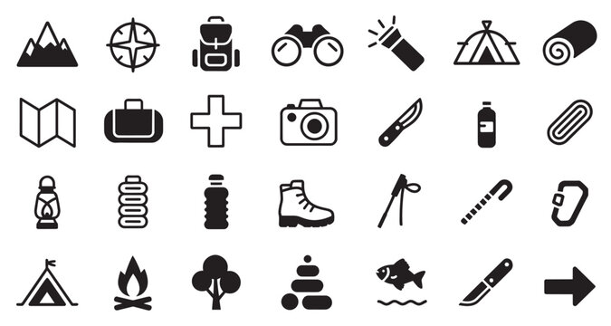 Camping and survival gear icon set with tent, boot, lantern, camera, water bottle, first aid, fire, backpack, compass and outdoor equipment symbols
