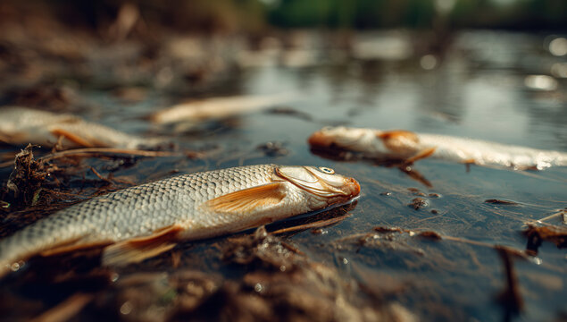 Fish washed ashore near riverbank during late afternoon after water pollution incident in natural habitat