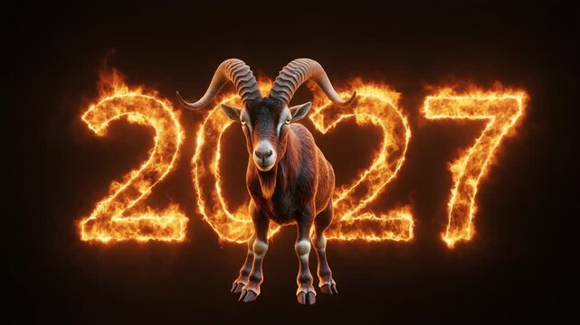 A fiery Capricorn ram stands proudly in front of the year 2027 ablaze with flames, symbolizing passion and ambition