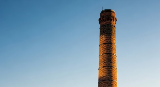 Tall brick chimney structure showing the vertical path for exhaust gases against a clear sky, symbolizing heat ventilation and architectural design, venting, outlet, passage