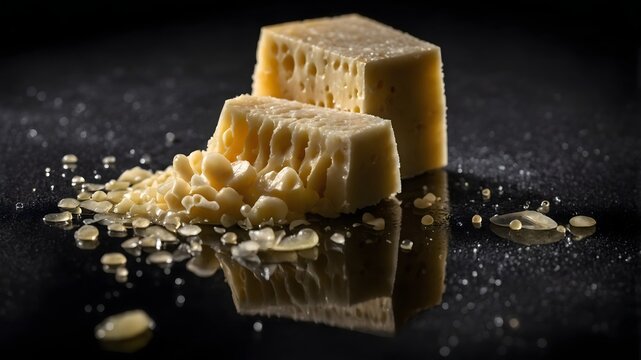 Trozos de queso curado con migas sobre superficie negra en una composici&oacute;n gastron&oacute;mica elegante
