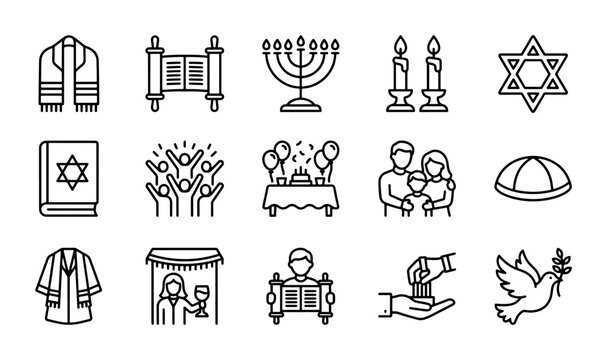 Jewish Holiday Icons, Religious Symbols, and Cultural Elements Vector Set