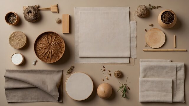 Composici&oacute;n minimalista con hoja en blanco, vajilla artesanal, textiles naturales y objetos decorativos sobre fondo neutro