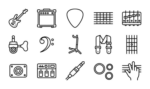 Guitar Accessories Vector Icons: Electric Guitar, Amp, Picks, Strings, Bass Clef, Stand, Strap, Jack