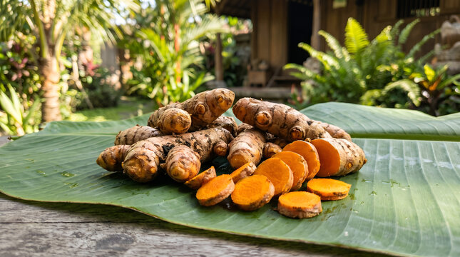 Fresh turmeric roots and slices displayed on banana leaf with natural sunlight. Suitable for herbal, organic food, culinary, and wellness content.