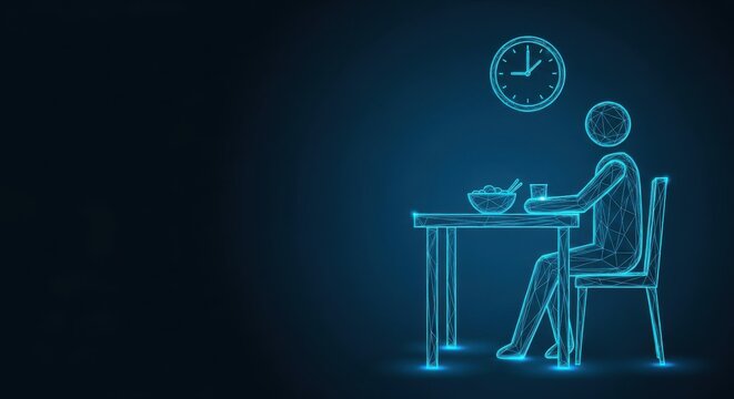 Person eating a meal at a table with a clock on the wall, digital illustration concept.