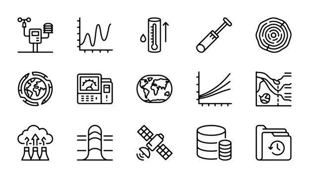 Weather Station Icons, Climate Data Graphs, Earth Globe, Technology Symbols, Vector Set