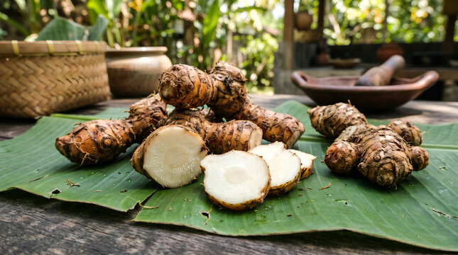 Fresh galangal roots photographed on banana leaf with tropical sunlight. Suitable for herbal, culinary, spice, and traditional cooking concepts.