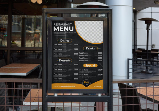 Mockup Template for L.A. Restaurant menu Sign Display in City Area
