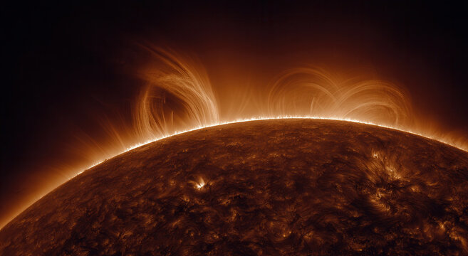 Large solar flares erupt from the surface of the sun during a sunny day in space as observed by a telescope