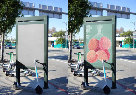 Mockup of L.A. Urban Panel Sign on Street With Scooters Nearby