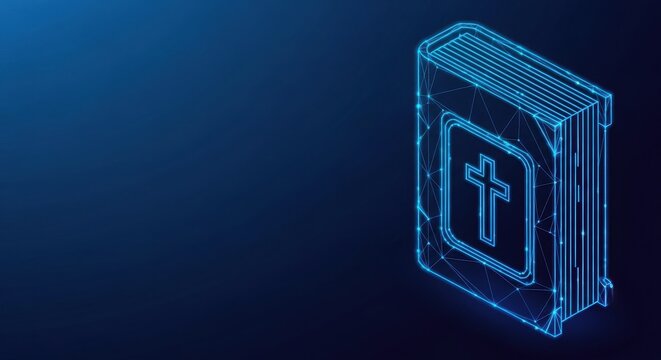 Digital Wireframe Holy Bible with Cross Icon in Blue Tones