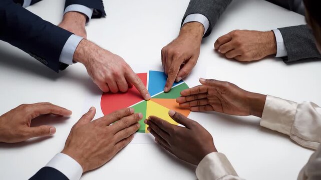 Multiple hands pointing at a colorful pie chart on a white table