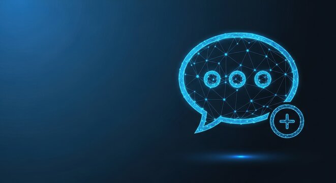 Glowing blue digital chat bubble with network connections on dark background