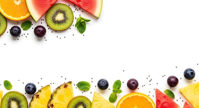 Fresh mixed fruit border on white background with watermelon kiwi orange and pineapple slices with mint leaves and berries.