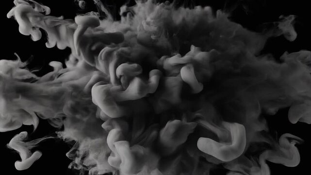 Dynamic monochrome smoke cloud expanding in a dark void, creating an abstract and powerful visual effect of dissolution and formation, showcasing intense energy