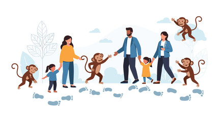Fototapeta premium Happy family with children walking alongside playful monkeys in a tropical nature park with large green leaves in the background.