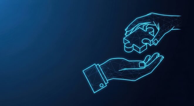 Two abstract wireframe hands connecting a puzzle piece in a digital network environment