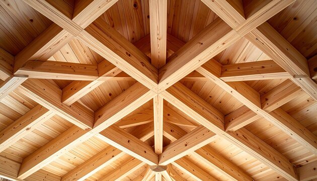 A detailed wooden truss ceiling with interlocking geometric beams, symbolizing architectural precision, craftsmanship, and structural harmony.