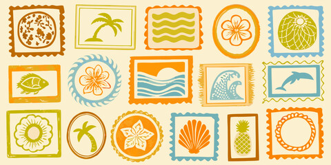 Retro travel stamps collection with tropical and ocean motifs © BidhanChandra