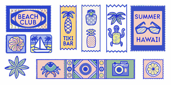 Tropical summer postage stamps collection colorful vector illustration