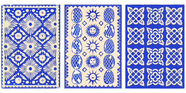 talavera style tiles set of three blue and white patterns