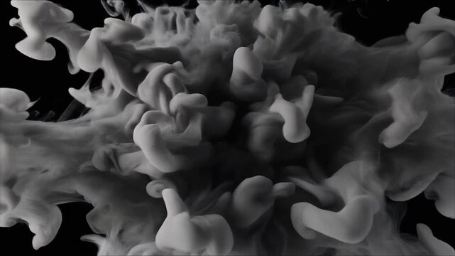 Dynamic black and white abstract liquid forms creating a mesmerizing explosion of smoke and ink dissolving in water, perfect for a high-impact background or visual effect