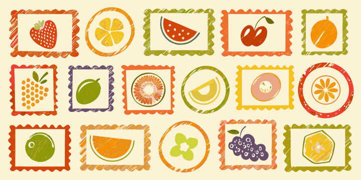 Fruit stamps collection colorful vector illustration on beige background