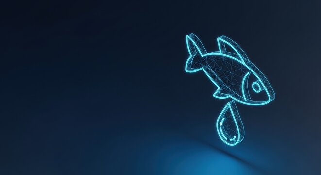 Glowing Blue Wireframe Fish With Oil Drop Symbol Representing Nutrition and Health Benefits