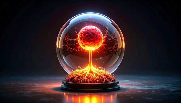 A glowing red cellular sphere inside a transparent shell with radiant orange roots, symbolizing energy, growth, and futuristic biotechnology.