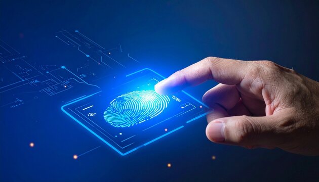 A glowing blue fingerprint scanner interface with a finger touching it, symbolizing biometric security and digital authentication technology.
