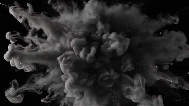 Dynamic monochrome ink explosion in water creating a captivating abstract cloud of swirling smoke and textures against a deep black background, perfect for creative projects