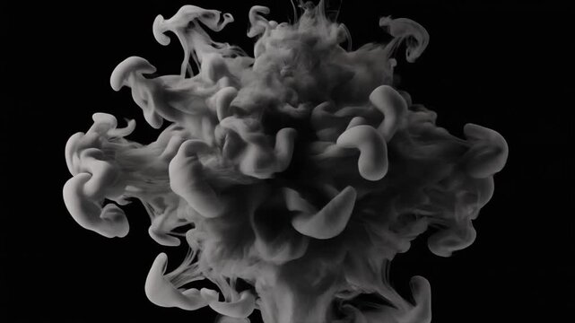 Abstract explosion of gray smoke or ink in black background, creating intricate swirling patterns and organic shapes