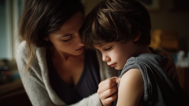 A mother gently comforts her child as he receives a vaccination on his upper arm.