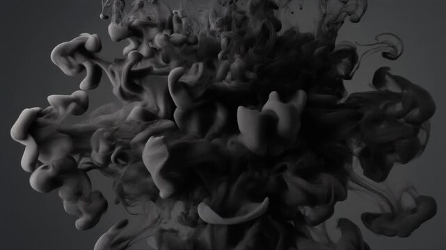 Abstract black ink cloud spreading in water with intricate swirling patterns and smoky texture, visually striking and artistic